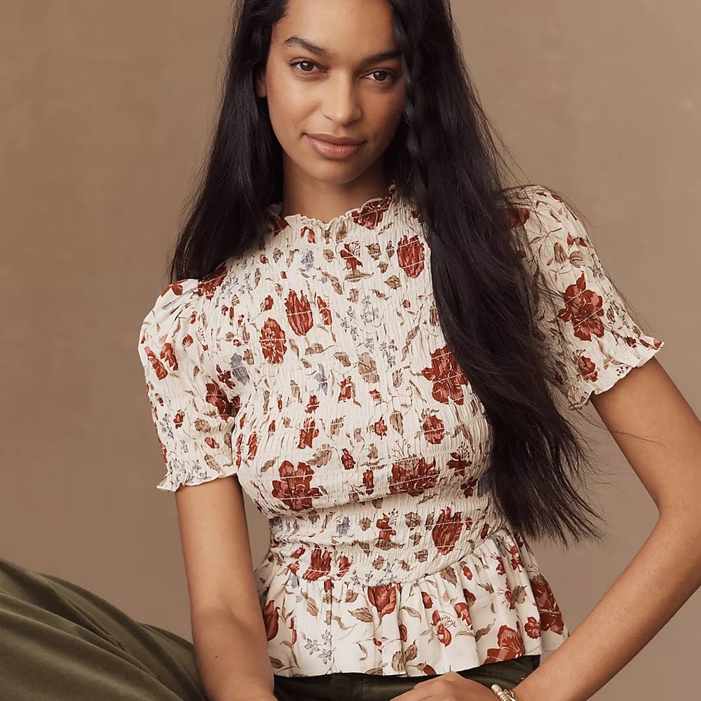 Reformation Aggie Puff-Sleeve Smocked Peplum Top in Gwendoline